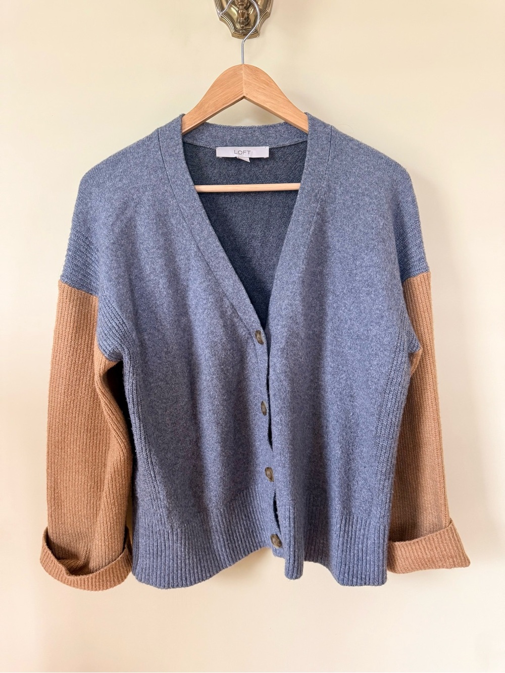 LOFT Gray and Camel Colorblock Button-Front V-Neck Cardigan